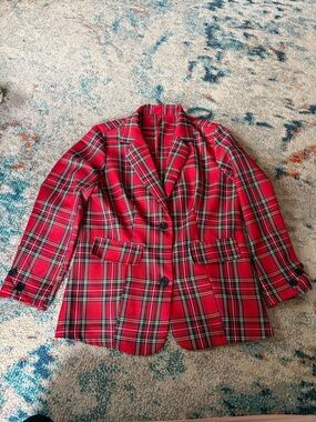 Red Plaid Blazer Jacket - Women